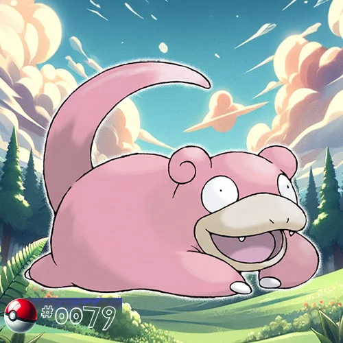 Slowpoke Pokémon yawning beside a tranquil forest stream