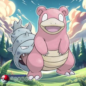 Pokémon Generation I 108 Slowbro Pokémon with Shellder on its tail in a forest marsh