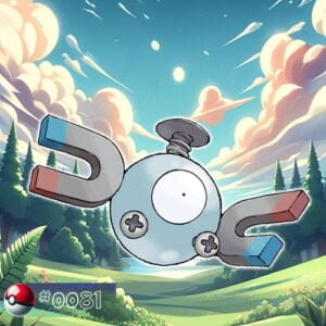 Pokémon Generation I 110 Magnemite Pokémon levitating near a forest's magnetic rocks