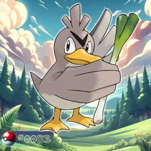 Pokémon Generation I 112 Farfetch'd Pokémon holding a leek in a forest glade