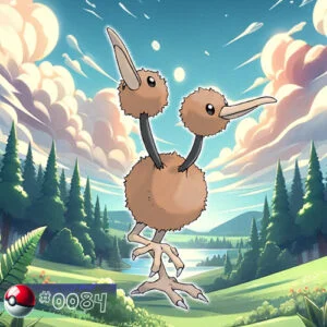 Flying type 20 Doduo Pokémon with two heads peering through forest foliage