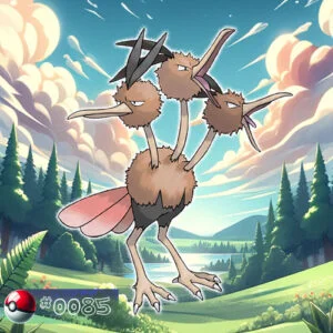 Flying type 21 Dodrio Pokémon with three heads strutting in the forest underbrush