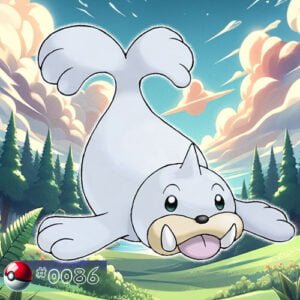 Pokémon Generation I 116 Seel Pokémon clapping flippers near a forest ice pond