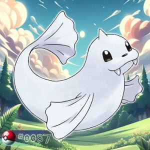 Pokémon Generation I 117 Dewgong Pokémon lounging on the icy edge of a forest waterhole