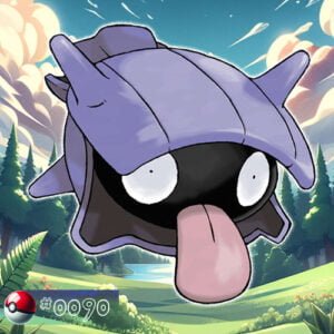 Pokémon Generation I 122 Shellder Pokémon clamped to a rock in a forest stream