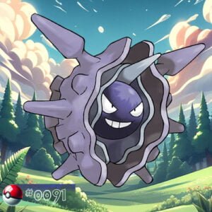 Pokémon Generation I 123 Cloyster Pokémon with spikes out in a chilly forest pond