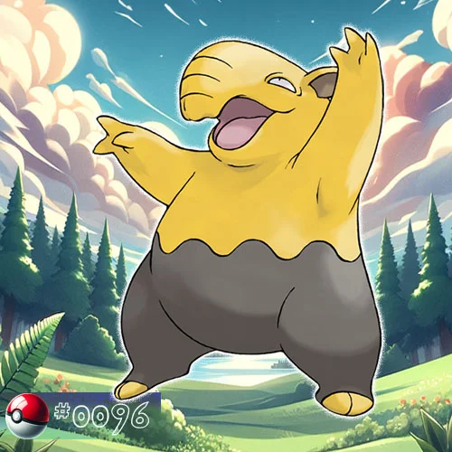 Drowzee Pokémon standing amidst forest leaves with hypnotic gaze