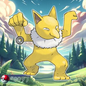 Pokémon Generation I 129 Hypno Pokémon swinging a pendulum in the deep forest