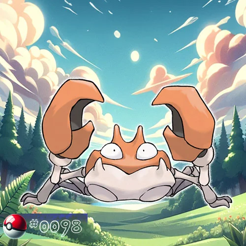 Krabby Pokémon snapping claws near a forest creek