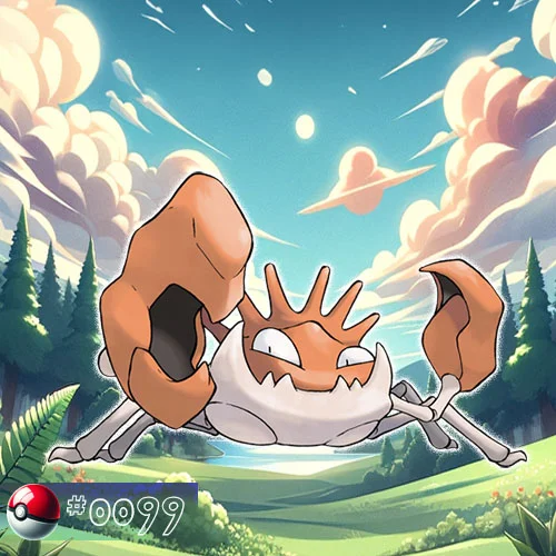 Kingler Pokémon with large claw raised in a forest pool
