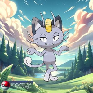 Dark type 14 Alolan Form Meowth Pokémon prowling stealthily in the forest shadows