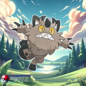 Steel type 19 Galarian Form Meowth Pokémon with piercing eyes in the forest undergrowth