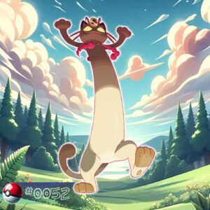 Pokémon Generation I 72 Galarian Form Meowth Pokémon with piercing eyes in the forest undergrowth