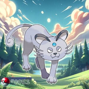 Dark type 15 Alolan Form Persian Pokémon with sleek fur blending into the forest foliage