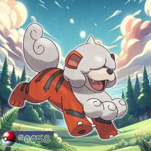 Pokémon Generation I 80 Hisuian Form Growlithe Pokémon standing alert in a forest glade
