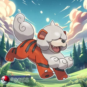 Hisuian Form Growlithe Pokémon standing alert in a forest glade