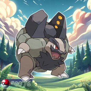 Pokémon Generation I 102 Alolan Form Golem Pokémon towering over the forest landscape