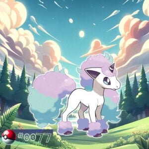 Galarian Form Ponyta Pokémon with a mystical aura in a forest glade
