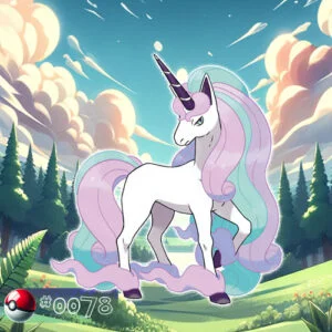 Galarian Form Rapidash Pokémon galloping gracefully in a forest meadow