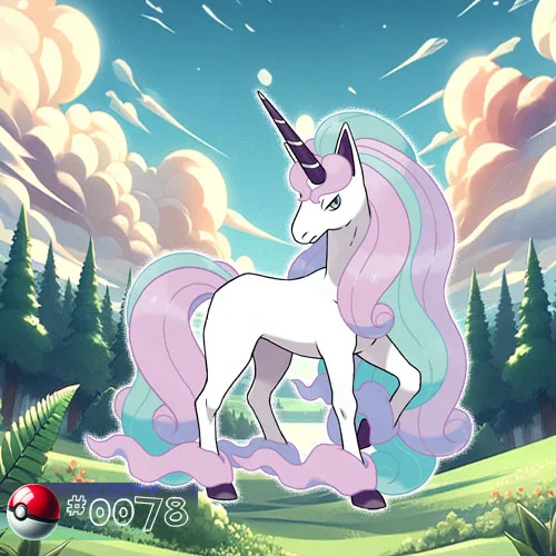 Galarian Form Rapidash Pokémon galloping gracefully in a forest meadow
