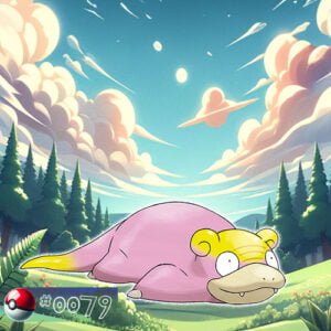 Pokémon Generation I 107 Galarian Form Slowpoke Pokémon lounging lazily by a forest pond