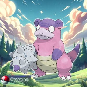 Pokémon Generation I 109 Galarian Form Slowbro Pokémon with Shellder attached in a forest marsh