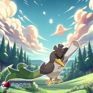 Pokémon Generation I 113 Galarian Form Farfetch'd Pokémon training with a leek in the forest