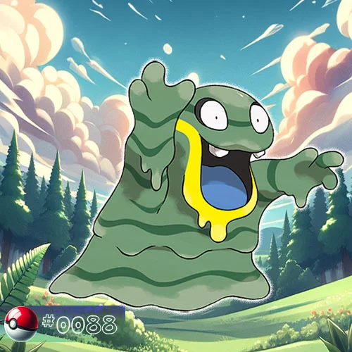Grimer 2 Alolan Form Grimer Pokémon sludging through a polluted forest area