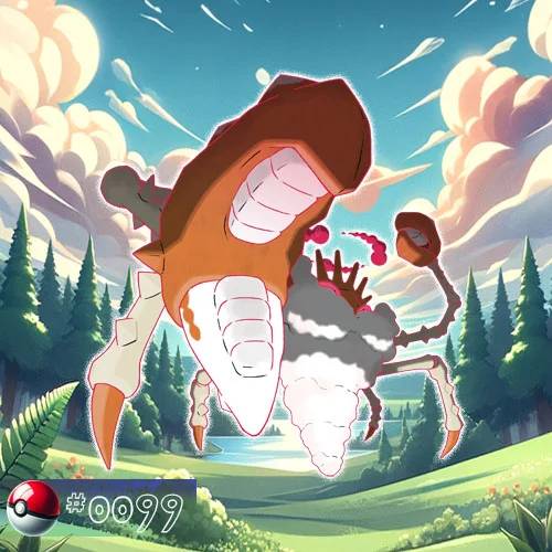 Gigantamax Kingler Pokémon with a unique shell pattern in a coastal forest