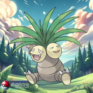 Pokémon Generation I 137 Exeggutor Pokémon with towering palm tree heads in a lush forest setting