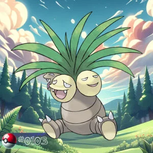 Exeggutor Pokémon with towering palm tree heads in a lush forest setting