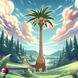 Pokémon Generation I 138 Alolan Form Exeggutor Pokémon towering over the forest canopy