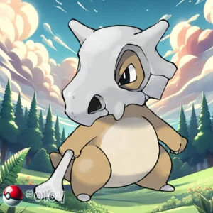 Cubone Pokémon holding a bone in a serene forest clearing