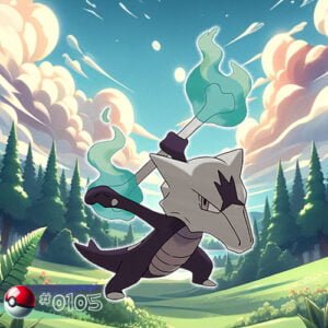 Pokémon Generation I 141 Marowak Pokémon wielding a bone club in a forest at dusk