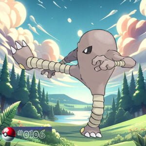 Pokémon Generation I 142 Hitmonlee Pokémon performing a high kick in a forest dojo