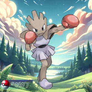 Pokémon Generation I 143 Hitmonchan Pokémon ready to punch in a forest ring