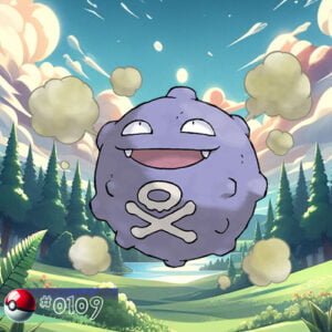Pokémon Generation I 145 Koffing Pokémon emitting gas in a foggy forest area