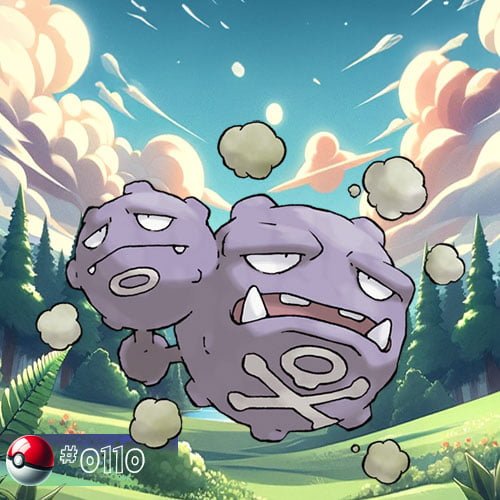Weezing 1 Weezing Pokémon emitting smoke in a mystical forest