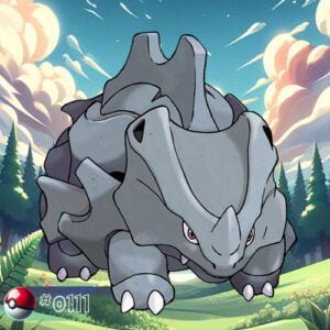 Pokémon Generation I 148 Rhyhorn Pokémon charging through a dense forest trail