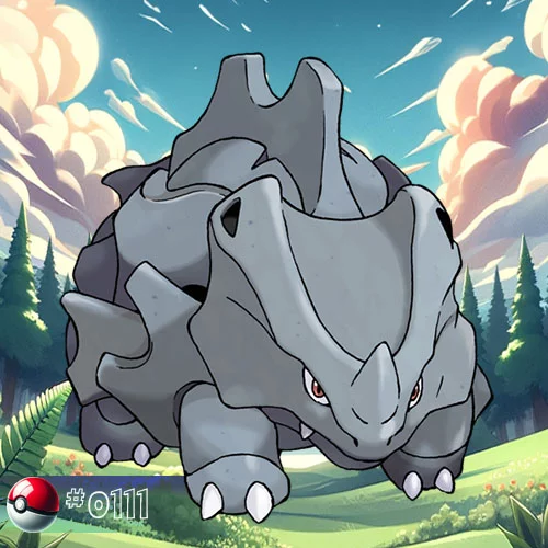 Rhyhorn Pokémon charging through a dense forest trail