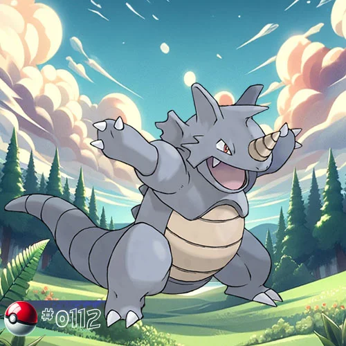 Rhydon Pokémon standing proudly amidst forest rocks