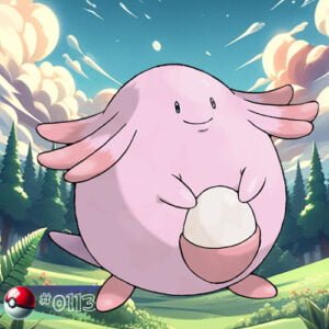 Pokémon Generation I 150 Chansey Pokémon offering an egg in a serene forest glade