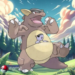 Pokémon Generation I 152 Kangaskhan Pokémon protecting its young in a forest nest