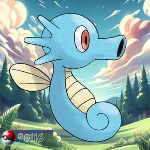 Pokémon Generation I 153 Horsea Pokémon swimming gracefully in a forest stream