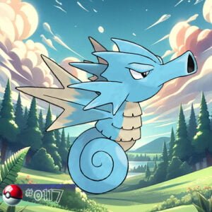 Pokémon Generation I 154 Seadra Pokémon with fins gliding through a forest pond