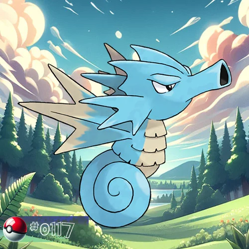 Seadra Pokémon with fins gliding through a forest pond