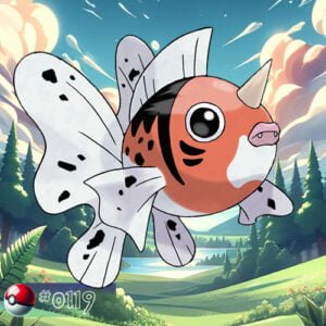 Pokémon Generation I 156 Seaking Pokémon majestically leaping in a forest waterfall