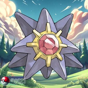 Pokémon Generation I 158 Starmie Pokémon with jewel core shining in a forest cave