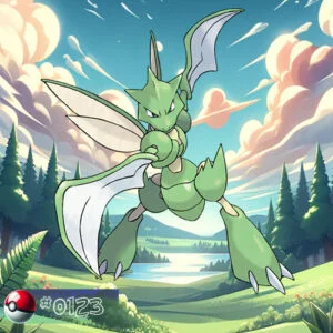Flying type 22 Scyther Pokémon flying gracefully through forest canopy