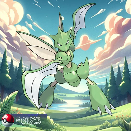 Scyther Pokémon flying gracefully through forest canopy